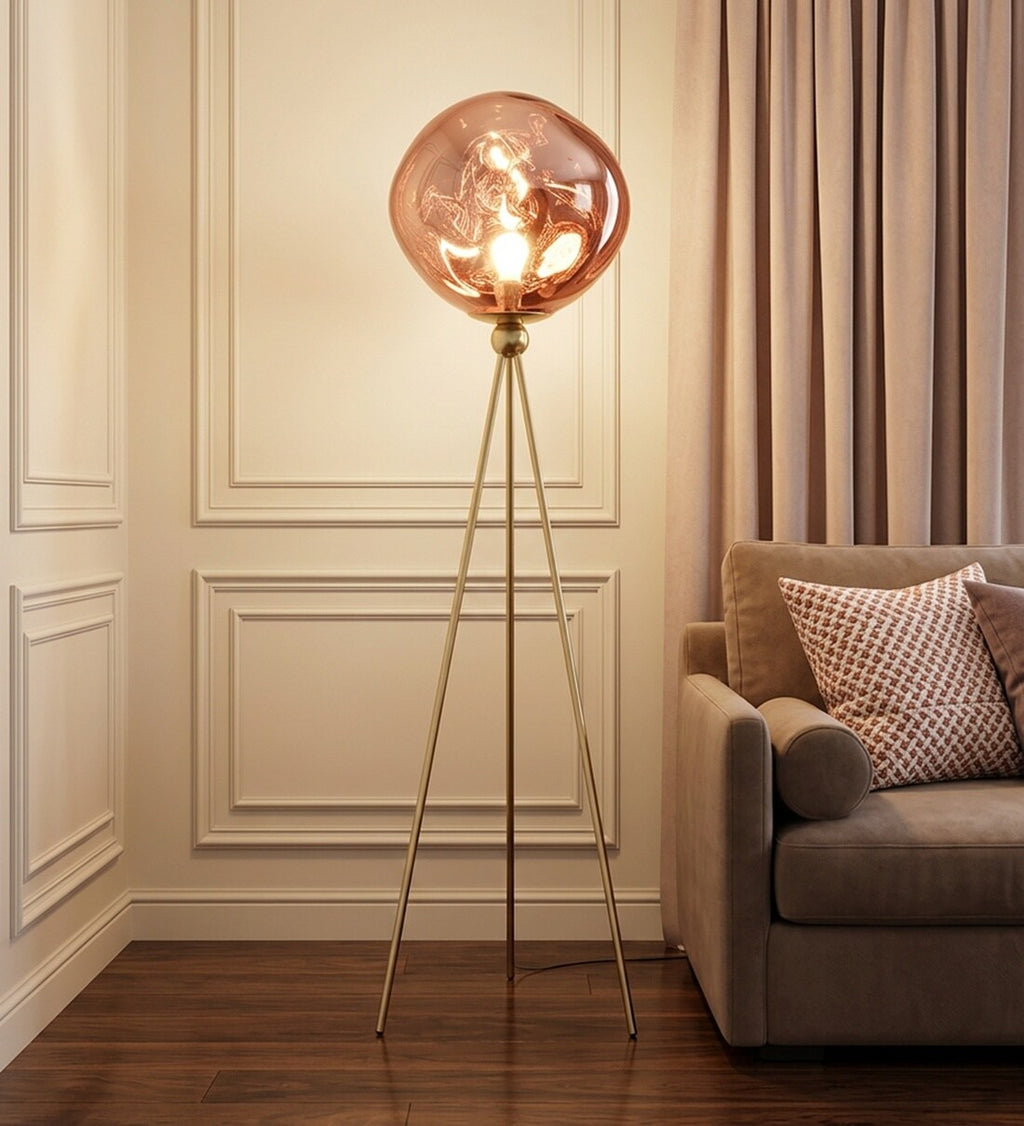 (TLD) Aurora Amber Tripod Floor Lamp in Metal & Glass for
