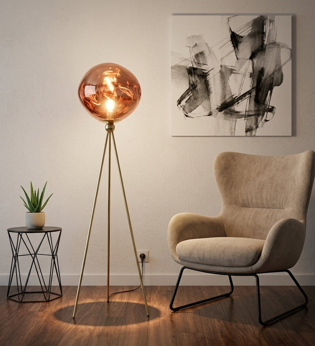 (TLD) Aurora Amber Tripod Floor Lamp in Metal & Glass for