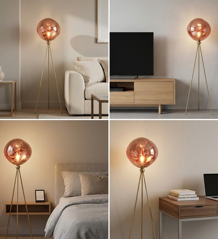 (TLD) Aurora Amber Tripod Floor Lamp in Metal & Glass for