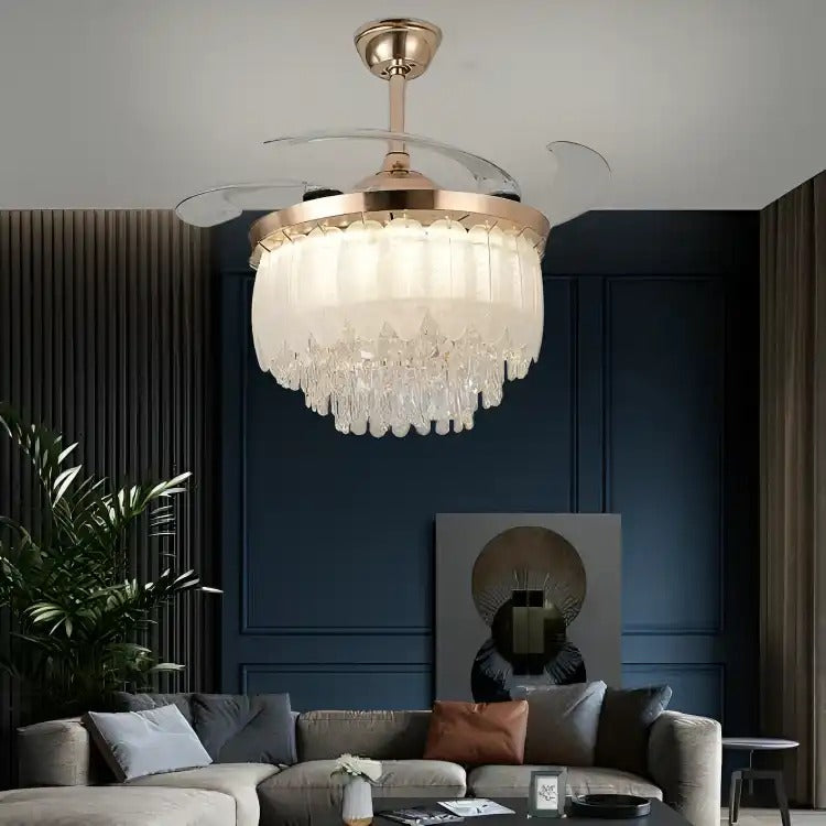 (TLD) Crystal Leaf Retractable Ceiling Fan + Chandelier Light (with Remote Control)