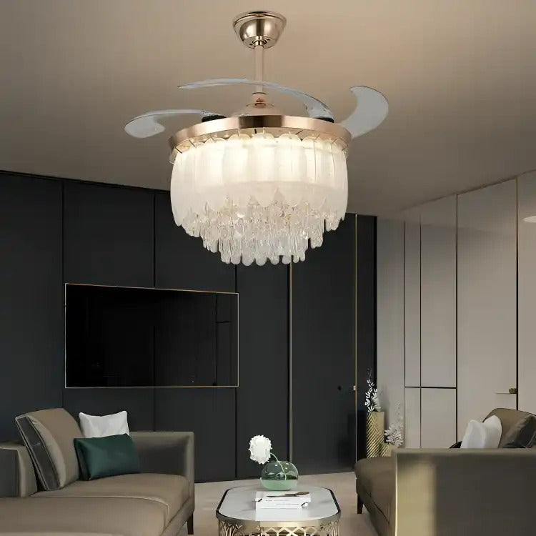 (TLD) Crystal Leaf Retractable Ceiling Fan + Chandelier Light (with Remote Control)