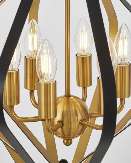 (TLD) Modern Geometric 6-Light Gold & Black Sculpted Metal Frame Chandelier
