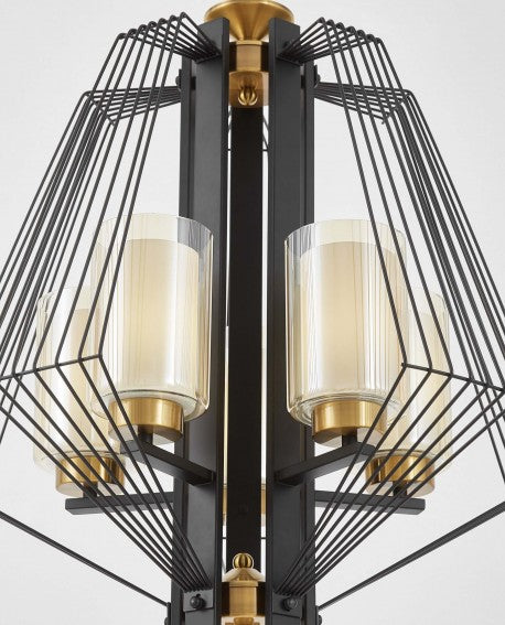 (TLD) DIAMOND 5-Light Geometric Cage Chandelier - Black & Gold with Frosted Glass