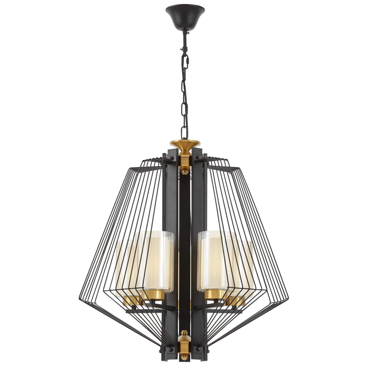 (TLD) DIAMOND 5-Light Geometric Cage Chandelier - Black & Gold with Frosted Glass
